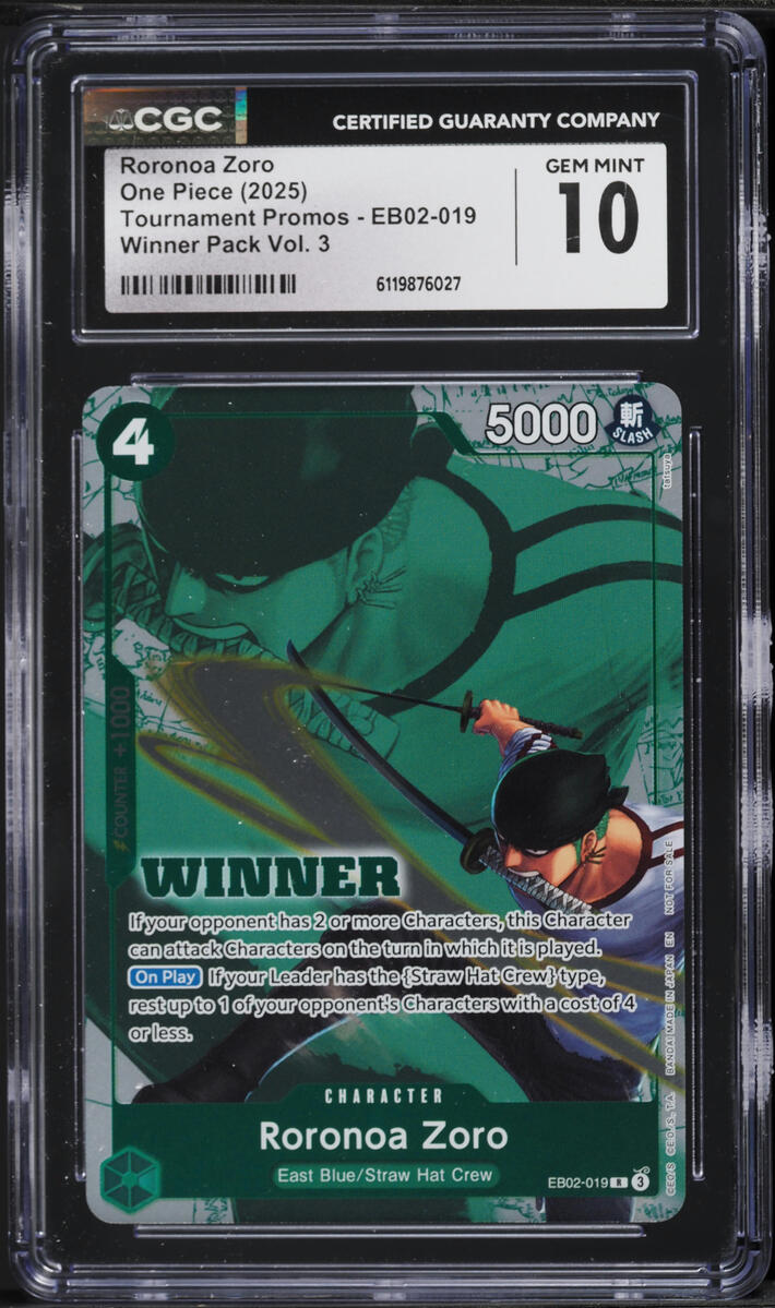2025 One Piece Tournament Winner Pack Vol 3 Alt Art Roronoa Zoro #EB02-019 CGC 10 GEM MINT