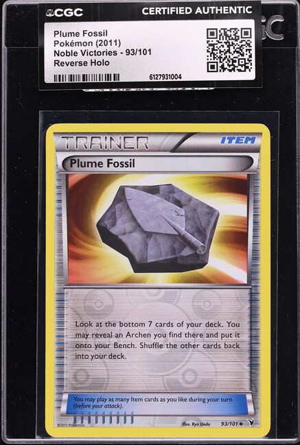 2011 Pokemon Noble Victories Reverse Holo Plume Fossil #93 CGC AUTH