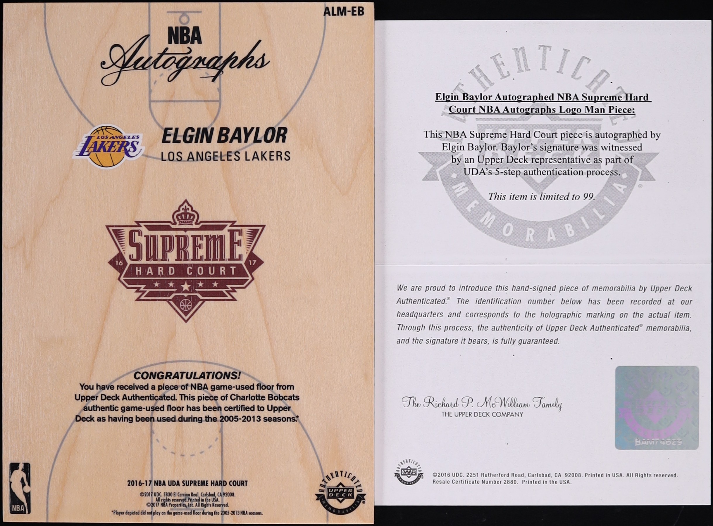 Elgin Baylor Signed Autographed NBA Supreme Hard Court Logoman 