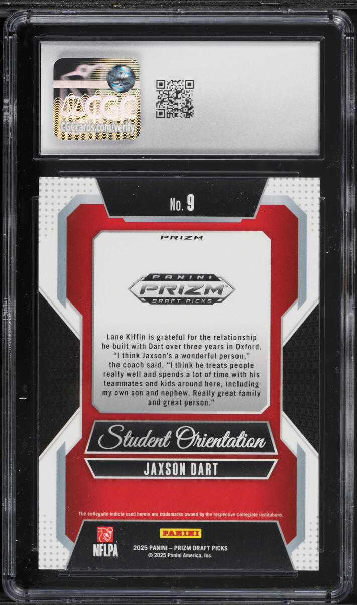 2025 Panini Prizm Draft Picks Student Orientation Green Jaxson Dart ROOKIE #9 CGC 9 MINT