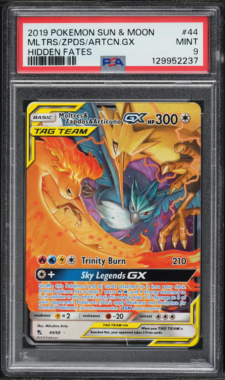 2019 Pokemon Sun & Moon Hidden Fates Moltres & Zapdos & Articuno GX #44 PSA 9 MINT