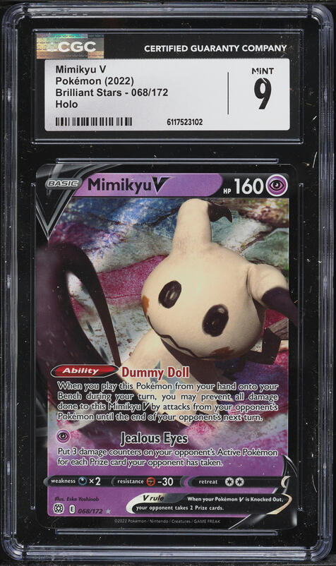 mimikyu v pokemon card value 2022 Sword & Shield Brilliant Stars #068 PSA Authenticated 10 Mimikyu V cleverly dodges attacks from Pokémon like Rapid Strike Urshifu VMAX the turn it comes into play Mimikyu V TG16/TG30 Brilliant Stars