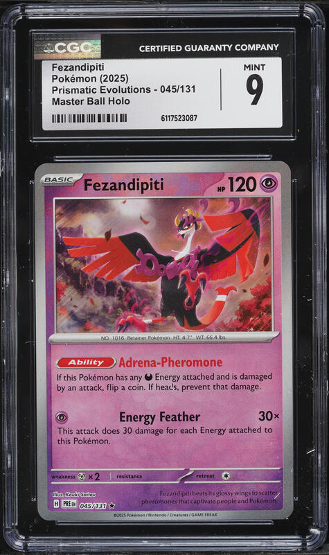 2025 Pokemon Scarlet & Violet Prismatic Evolutions Master Ball Holo Fezandipiti #45 CGC 9 MINT