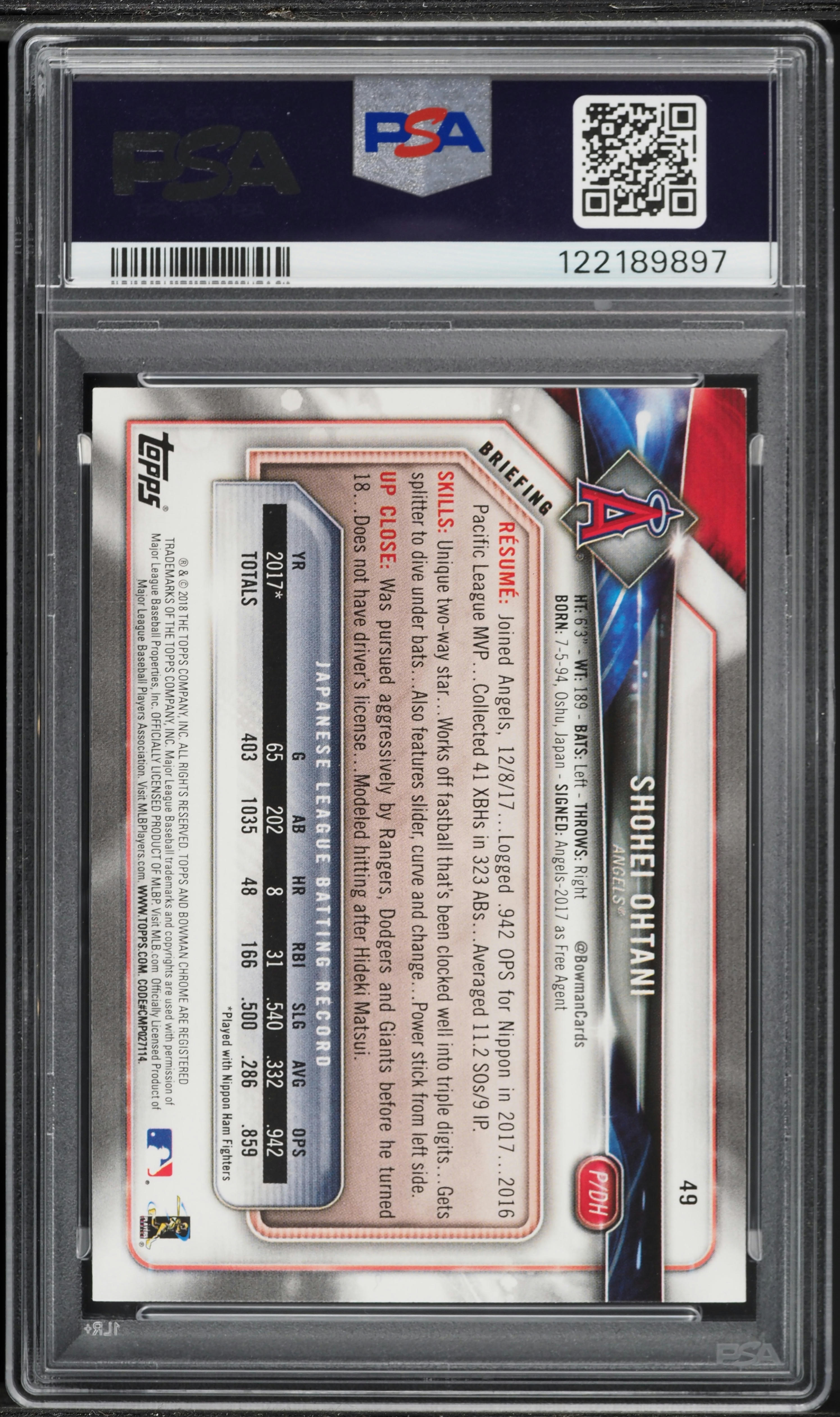 2018 Bowman Shohei Ohtani ROOKIE #49 PSA 9 MINT on Fanatics Collect