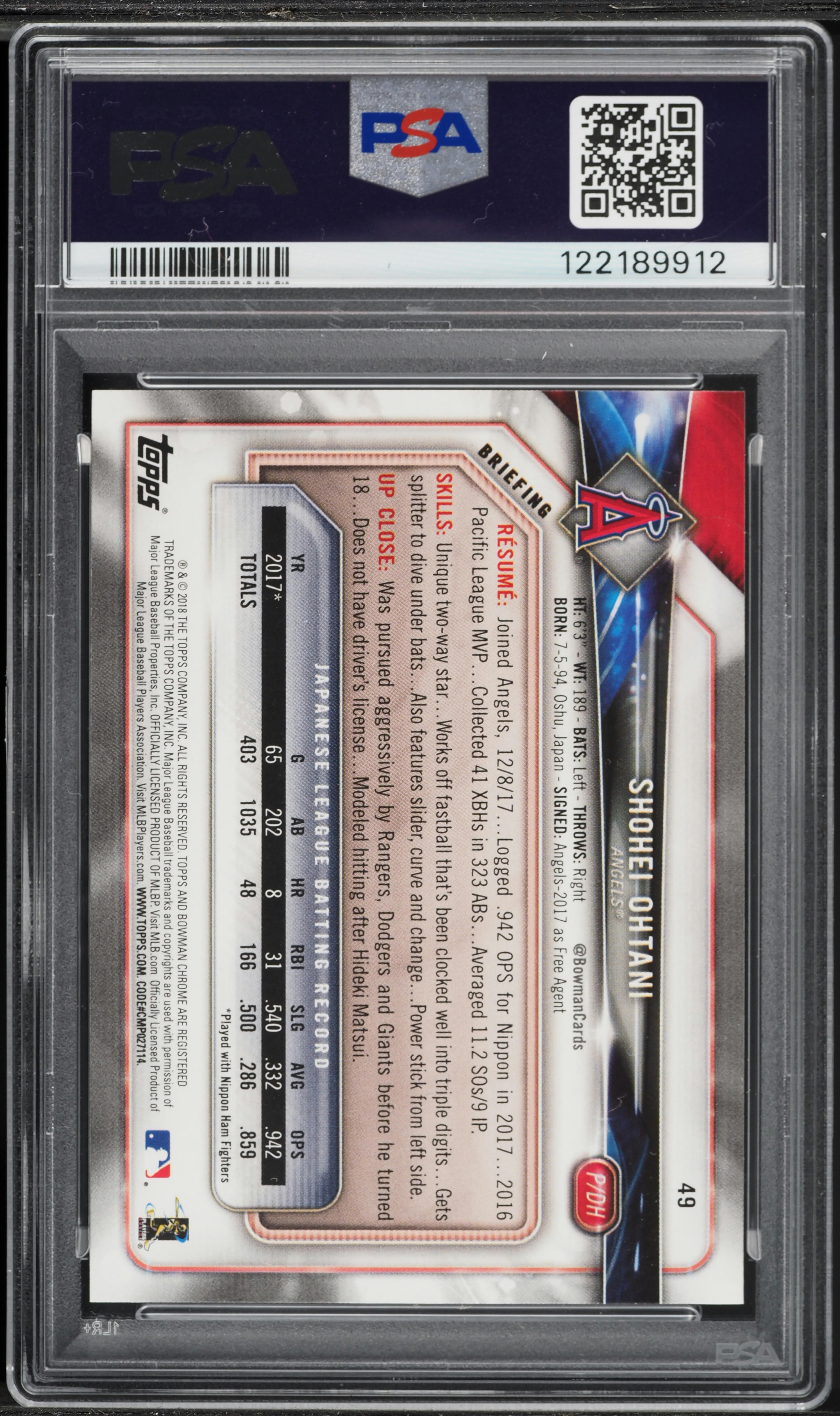 2018 Bowman Shohei Ohtani ROOKIE #49 PSA 8 NM-MT on Fanatics Collect