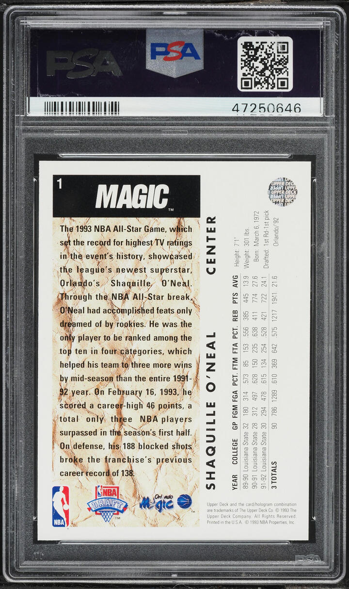 1992 Upper Deck Basketball Shaquille O'Neal ROOKIE #1 PSA 10 GEM MINT