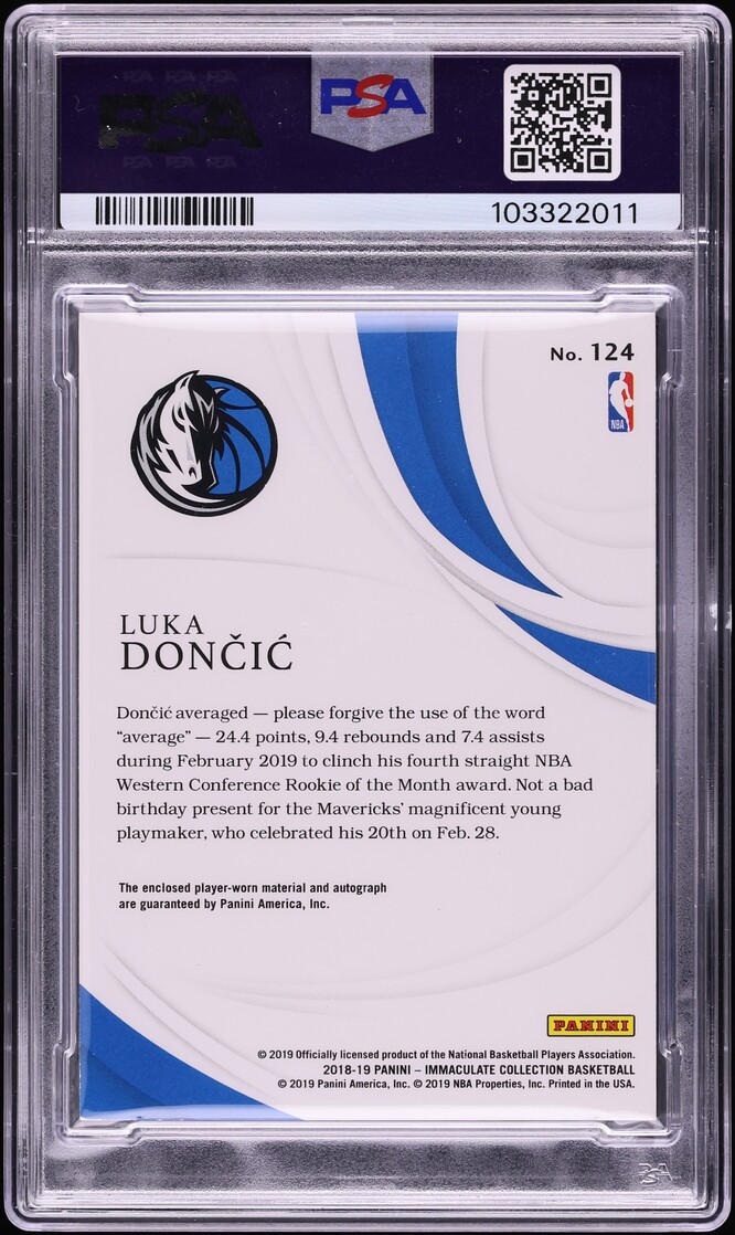 2018 Immaculate Collection Luka Doncic ROOKIE PATCH AUTO /99 #124 PSA 8 NM-MT