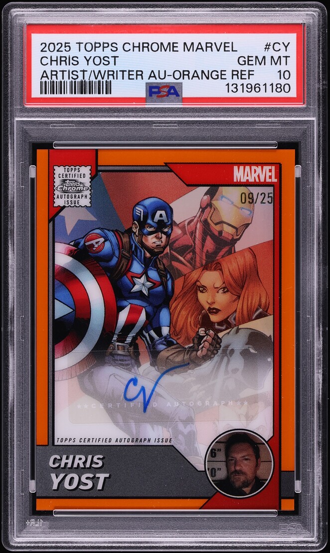 2025 Topps Chrome Marvel Comic Book Artist & Writer Orange Refractor Chris Yost AUTO /25 PSA 10