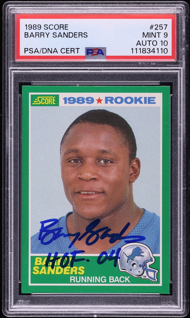 1989 Score Football Barry Sanders ROOKIE AUTO DNA 10 #257 PSA 9 MINT