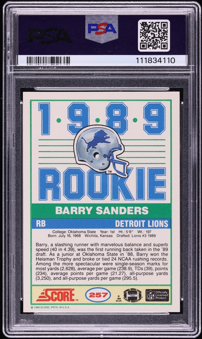 1989 Score Football Barry Sanders ROOKIE AUTO DNA 10 #257 PSA 9 MINT