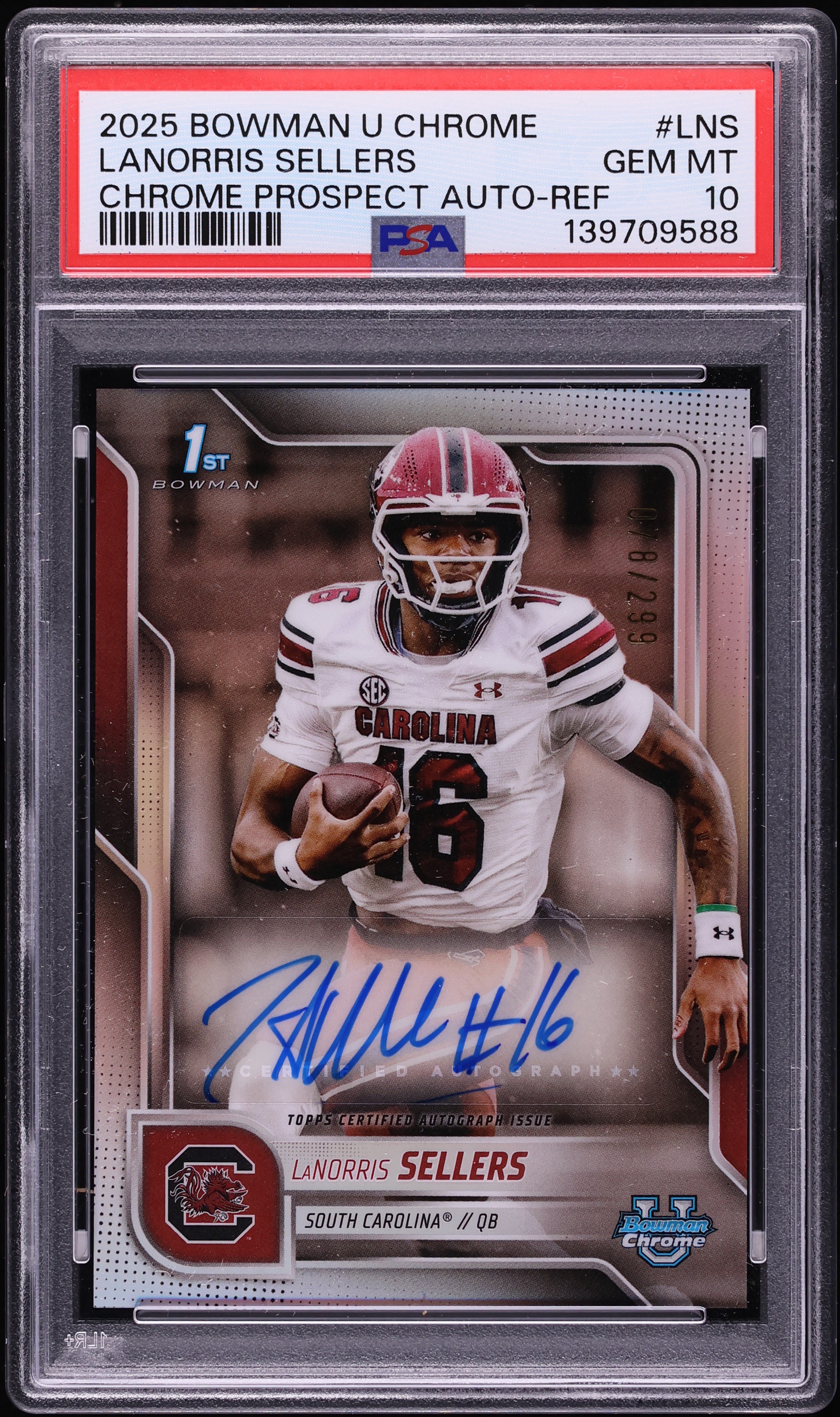2025 Bowman Chrome University Football Refractor LaNorris Sellers #BCA-LNS PSA 10