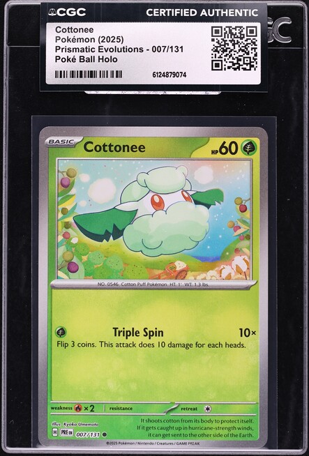 2025 Pokemon Scarlet & Violet Prismatic Evolutions Poke Ball Holo Cottonee #7 CGC AUTH