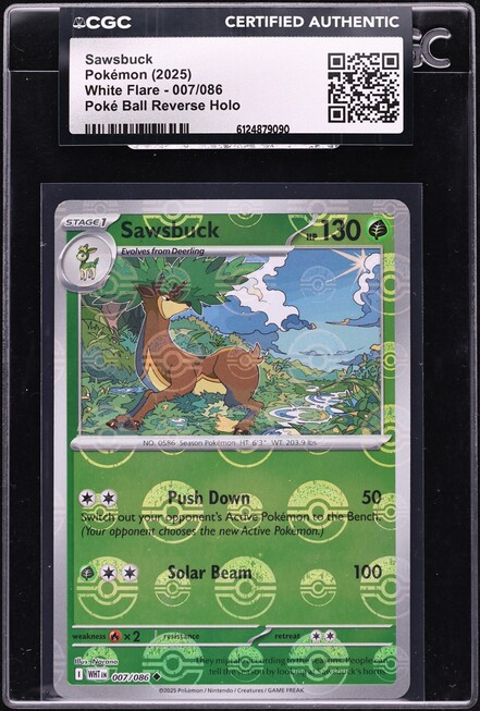 2025 Pokemon Scarlet & Violet White Flare Poke Ball Reverse Holo Sawsbuck #7 CGC AUTH