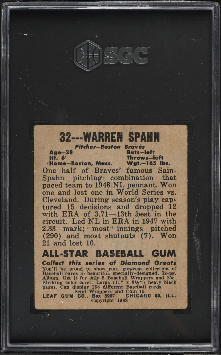 1948 Leaf Warren Spahn ROOKIE #32 SGC 3 VG