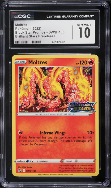 2022 Pokemon Sword & Shield Promo Brilliant Stars Prerelease Holo Moltres #SWSH185 CGC 10 GEM