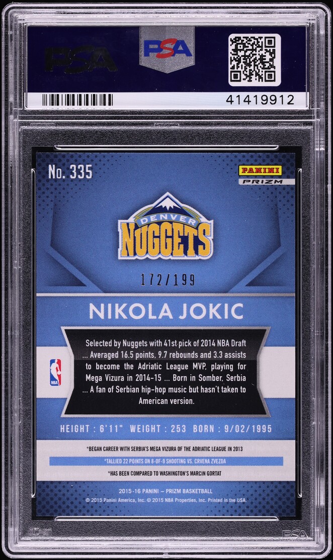 2015 Panini Prizm Light Blue Nikola Jokic ROOKIE /199 #335 PSA 10 GEM MINT