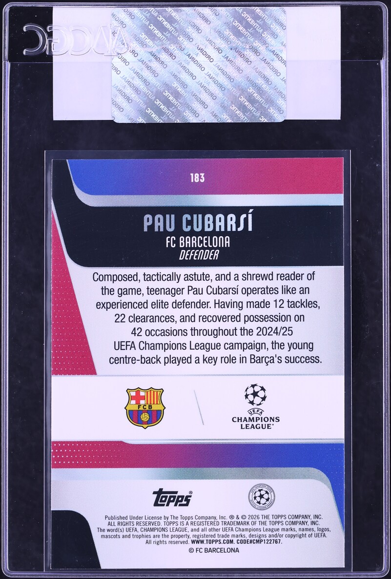 2025 Topps UEFA Club Competitions Neon Blue Flowfractor Pau Cubarsi #183 CGC AUTH
