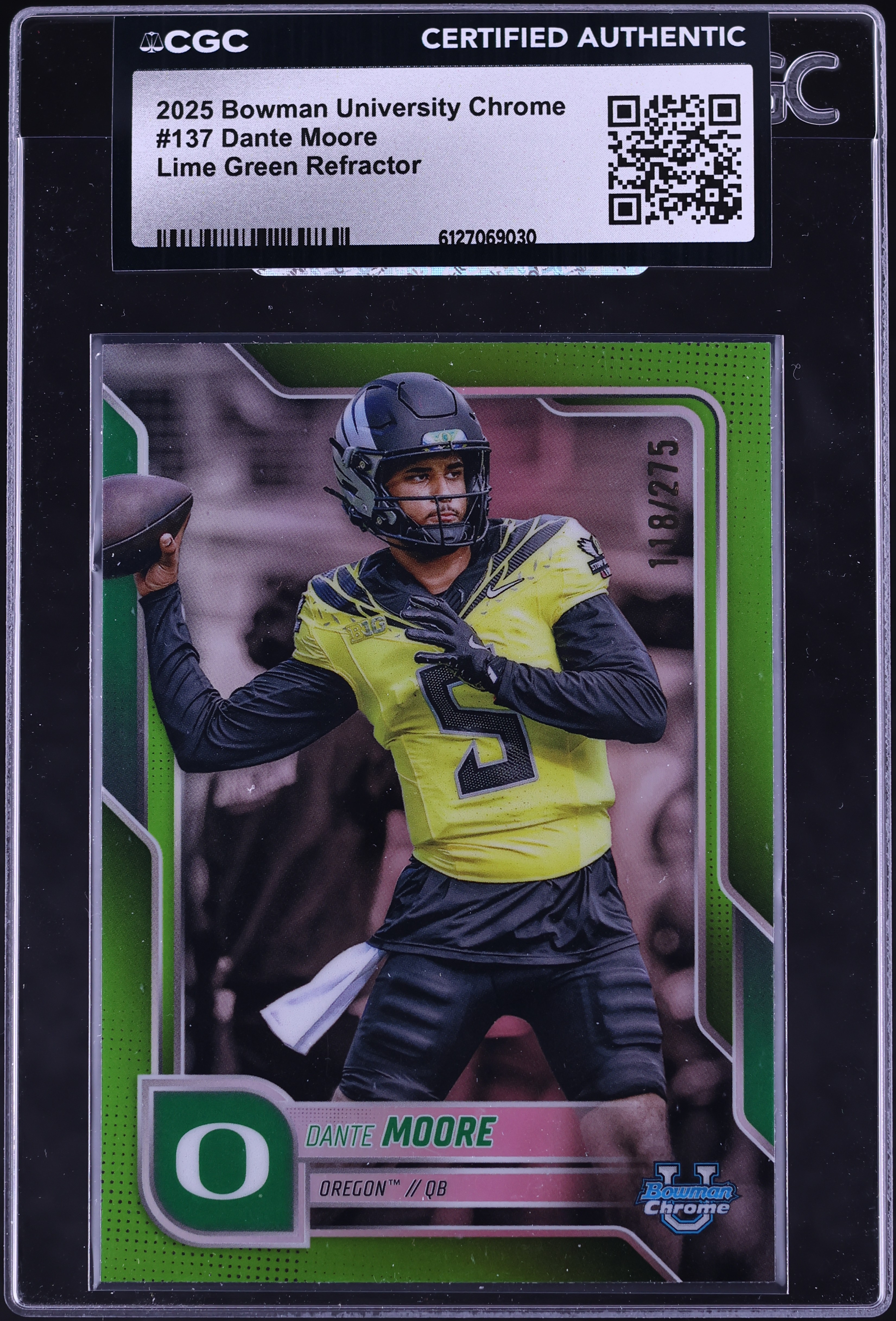 2025 Bowman Chrome University Football Lime Green Refractor Dante Moore #137 CGC AUTH