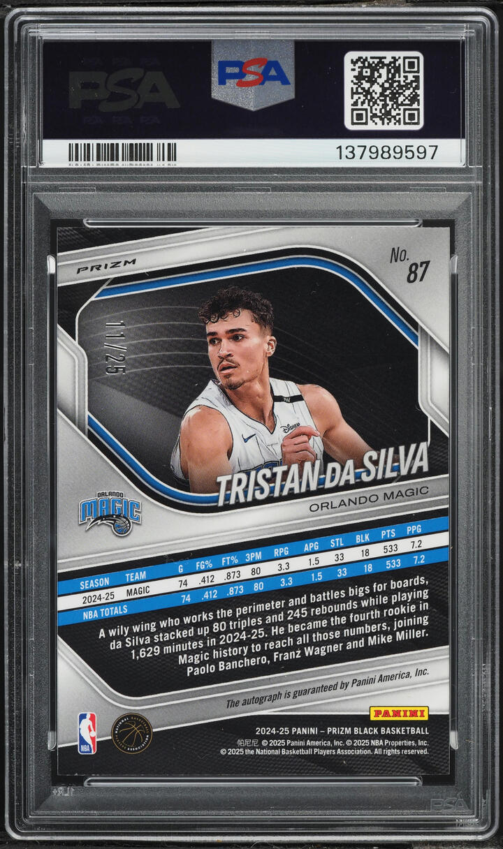 2024 Panini Prizm Black Blue Shimmer FOTL Tristan Da Silva ROOKIE AUTO /25 #87 PSA 9 MINT
