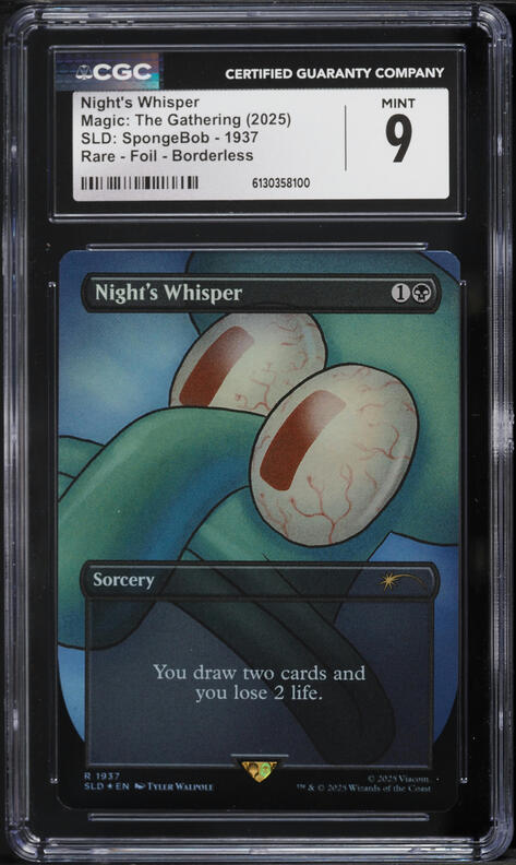 2025 Magic The Gathering SLD SpongeBob Foil Borderless Night's Whisper #1937 CGC 10 GEM MINT on Fanatics Collect 2025 Magic The Gathering SLD SpongeBob Foil Borderless Night's Whisper #1937 CGC 10 GEM MINT on Fanatics Collect