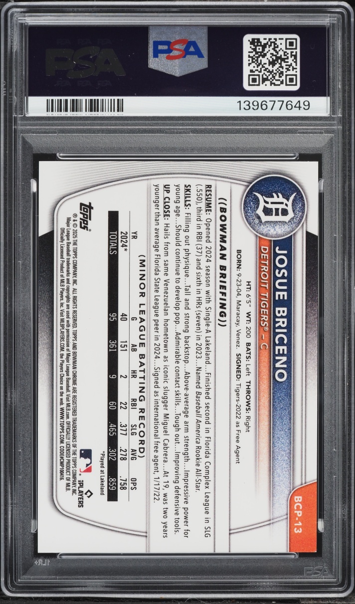 2025 Bowman Chrome Sapphire Black Josue Briceno PROSPECT 1/10 #BCP-13 PSA 9 MINT