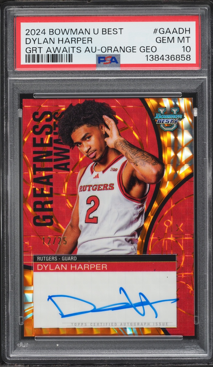 2024 Bowman University Best Greatness Awaits Orange Geo Dylan Harper ROOKIE AUTO /25 PSA 10 GEM