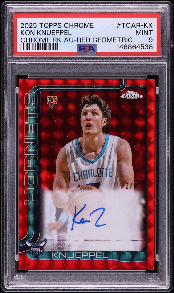 2025 Topps Chrome Red Geometric Kon Knueppel ROOKIE AUTO /5 #TCAR-KK PSA 9 MINT