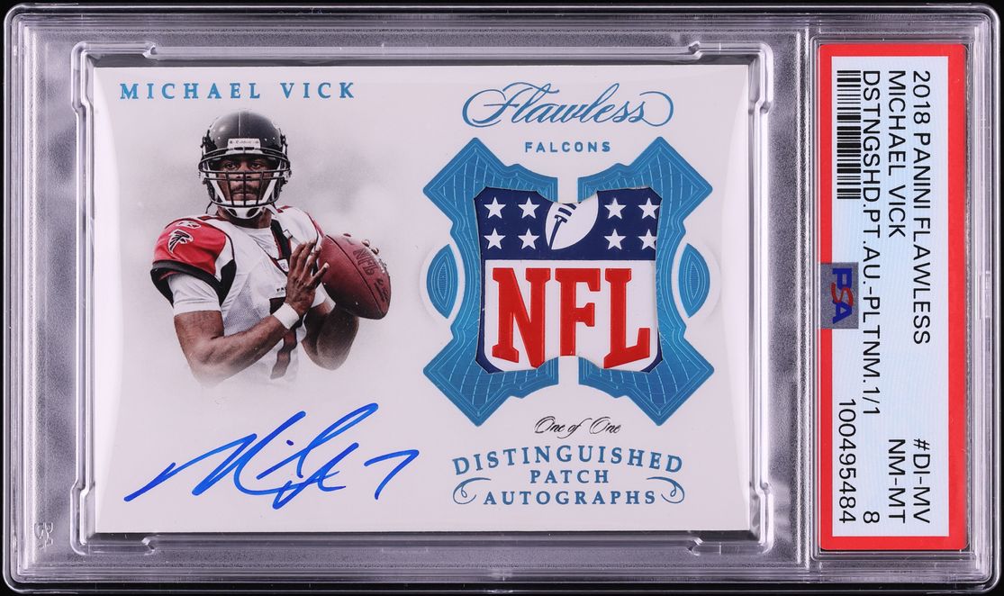 2018 Panini Flawless Distinguished Platinum Michael Vick SHIELD PATCH AUTO 1/1 #DI-MV PSA 8