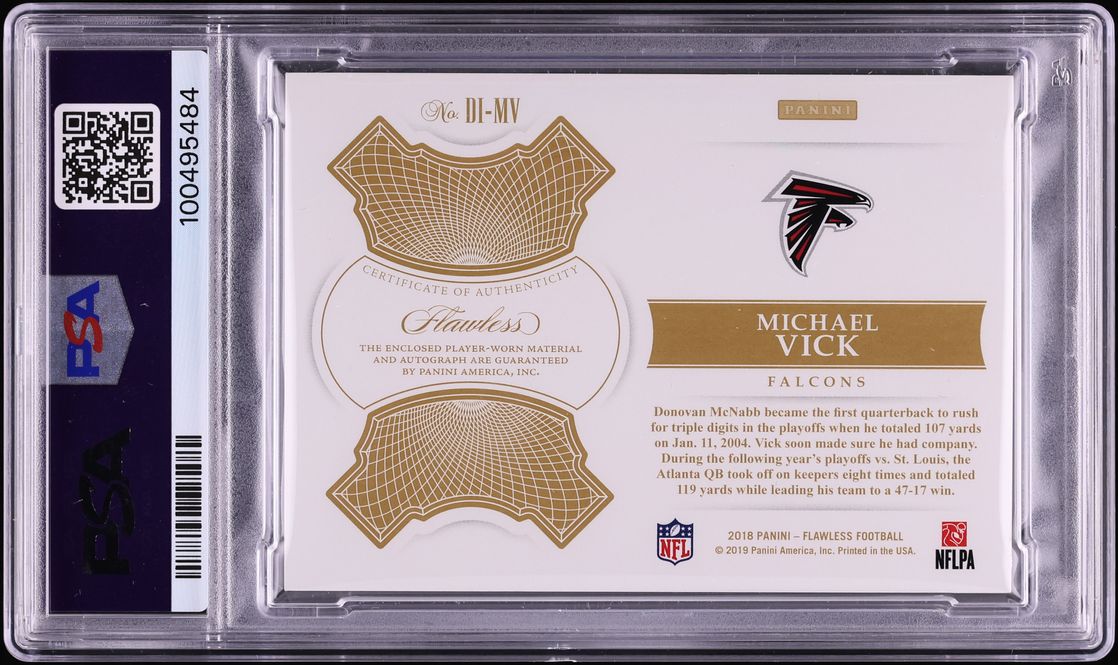 2018 Panini Flawless Distinguished Platinum Michael Vick SHIELD PATCH AUTO 1/1 #DI-MV PSA 8