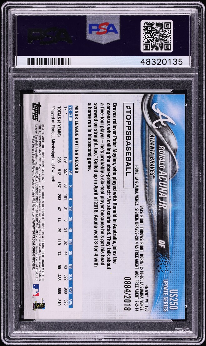 2018 Topps Update Gold Ronald Acuna Jr. ROOKIE /2018 #US250 PSA 8 NM-MT