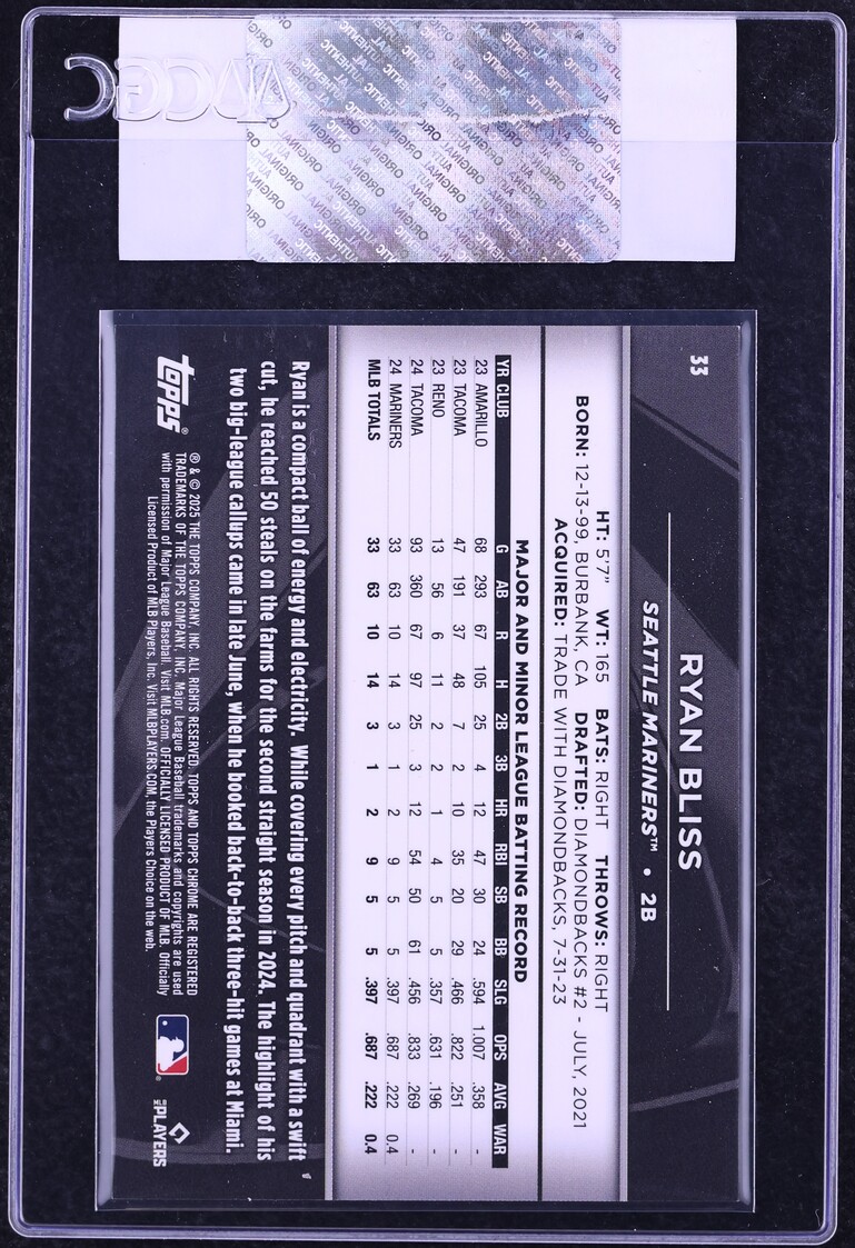 2025 Topps Chrome Black Gold Mini Diamond Refractor Ryan Bliss ROOKIE /50 #33 CGC AUTH