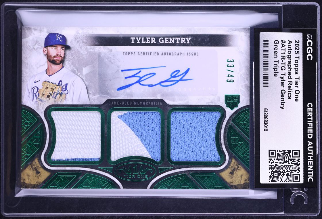 2025 Topps Tier One Green Triple Tyler Gentry ROOKIE PATCH AUTO /49 #AT1R-TG CGC AUTH