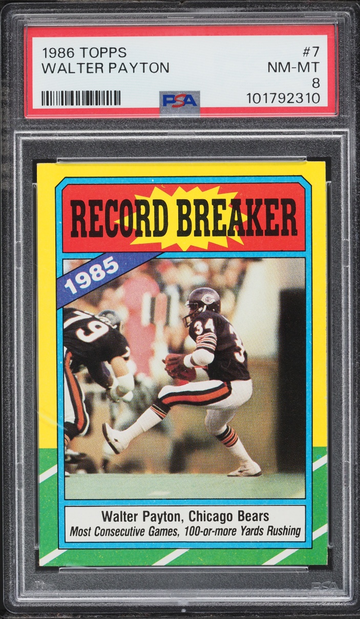 1986 Topps Football Walter Payton '85 RECORD BREAKER #7 PSA 8 NM-MT