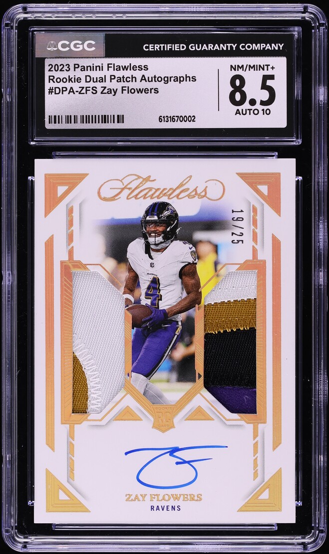 2023 Panini Flawless Dual Zay Flowers ROOKIE PATCH AUTO /25 #DPA-ZFS CGC 8.5 NM-MT+