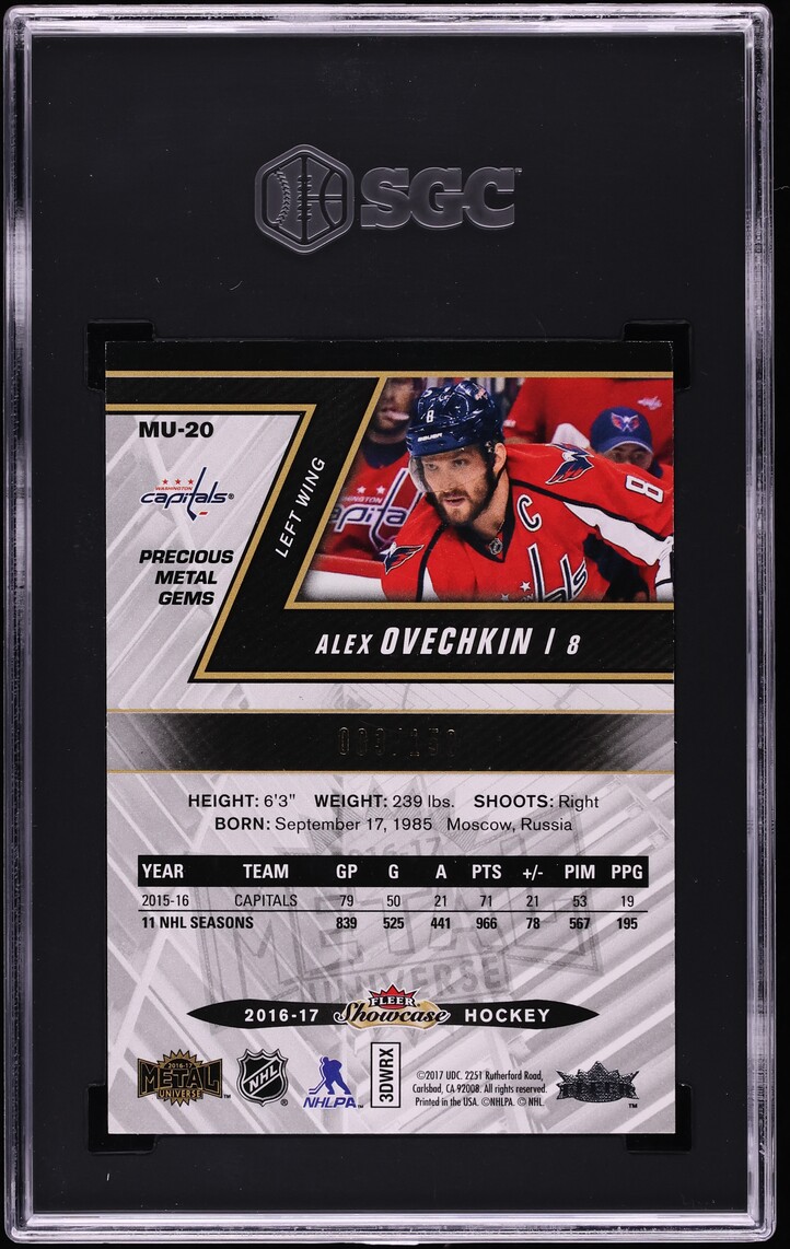 2016 Fleer Showcase Metal Universe Precious Metal Gems Red Alex Ovechkin /150 #MU-20 SGC 9 MINT