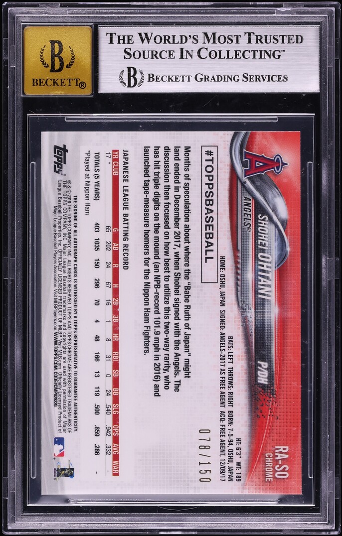 2018 Topps Chrome Blue Wave Refractor Shohei Ohtani ROOKIE AUTO /150 #RA-SO BGS 8 NM-MT