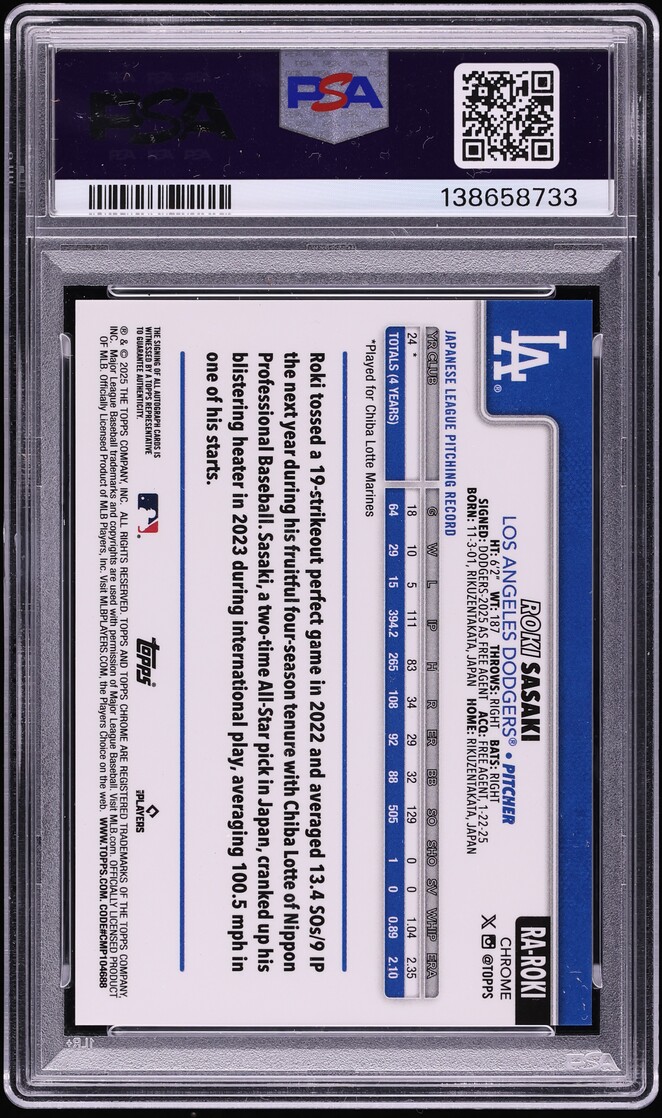 2025 Topps Chrome Blue Refractor Roki Sasaki ROOKIE AUTO /150 #RA-ROKI PSA 9 MINT