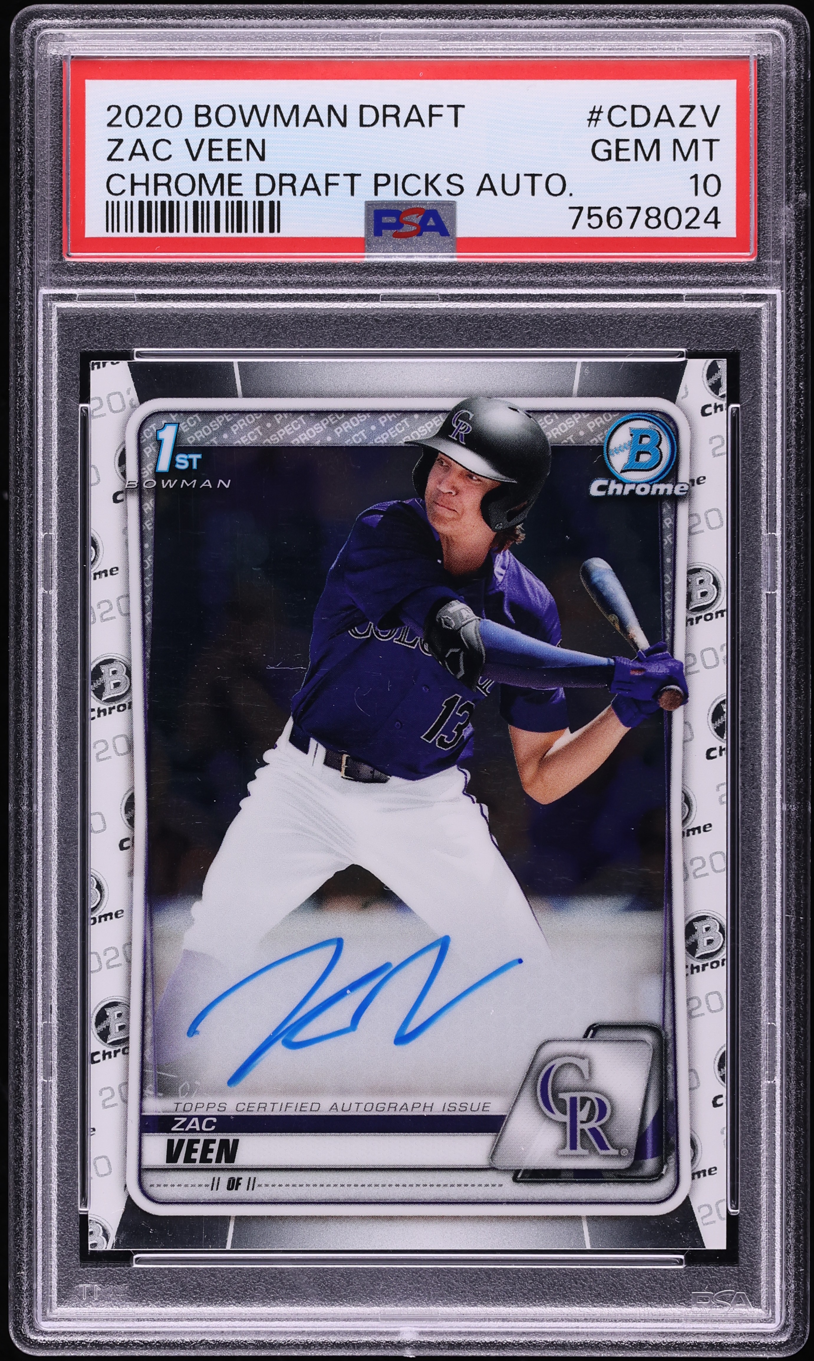 2020 Bowman Chrome Draft Picks Zac Veen PROSPECT AUTO #CDA-ZV PSA