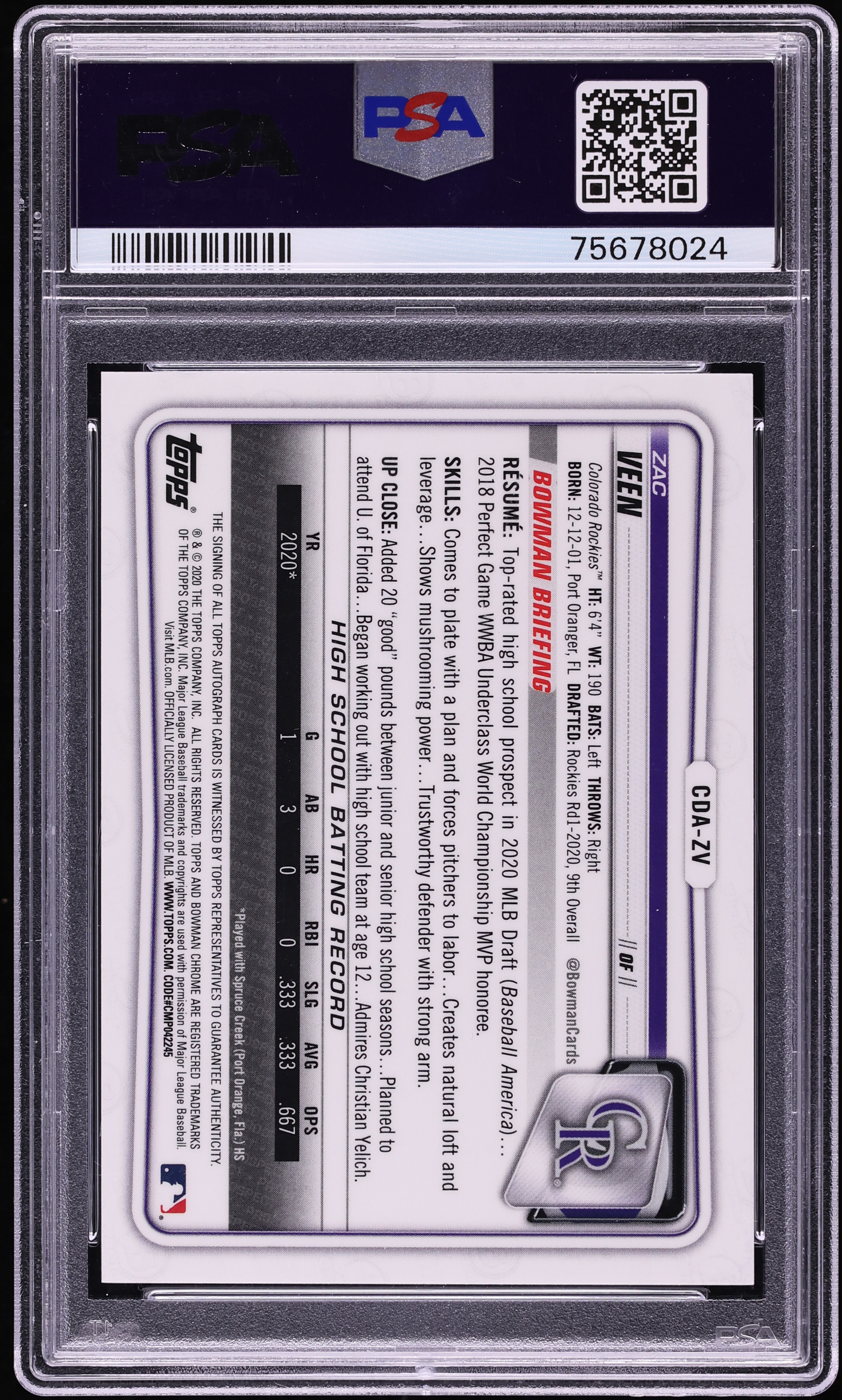 2020 Bowman Chrome Draft Picks Zac Veen PROSPECT AUTO #CDA-ZV PSA 