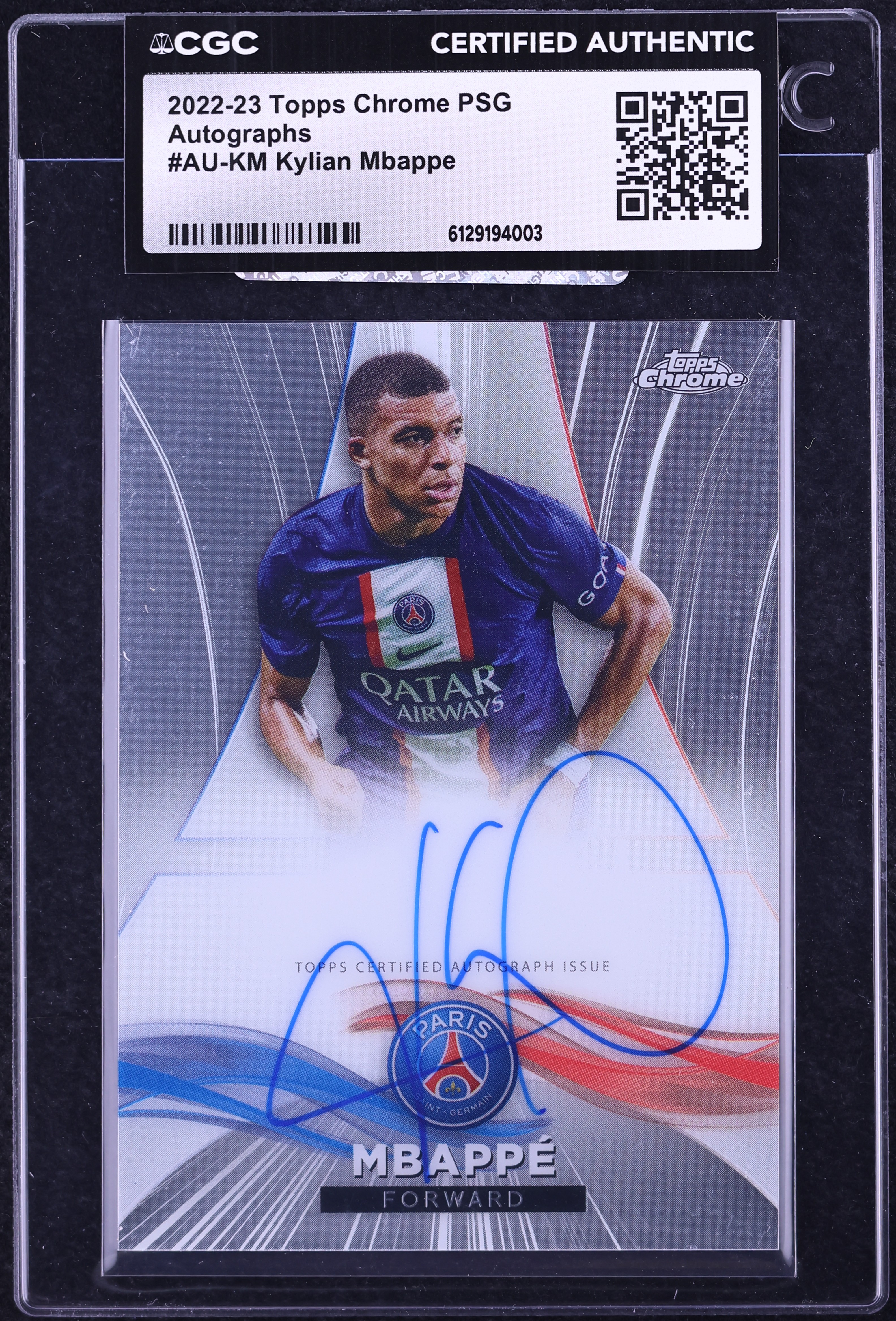 2022 Topps Chrome PSG Kylian Mbappe AUTO /99 #AU-KM CGC AUTH on