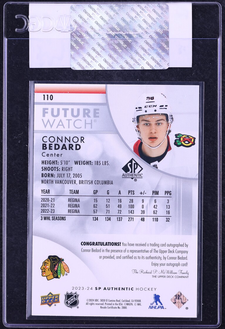 2023 SP Authentic Future Watch Connor Bedard ROOKIE AUTO /999 #110 CGC AUTH
