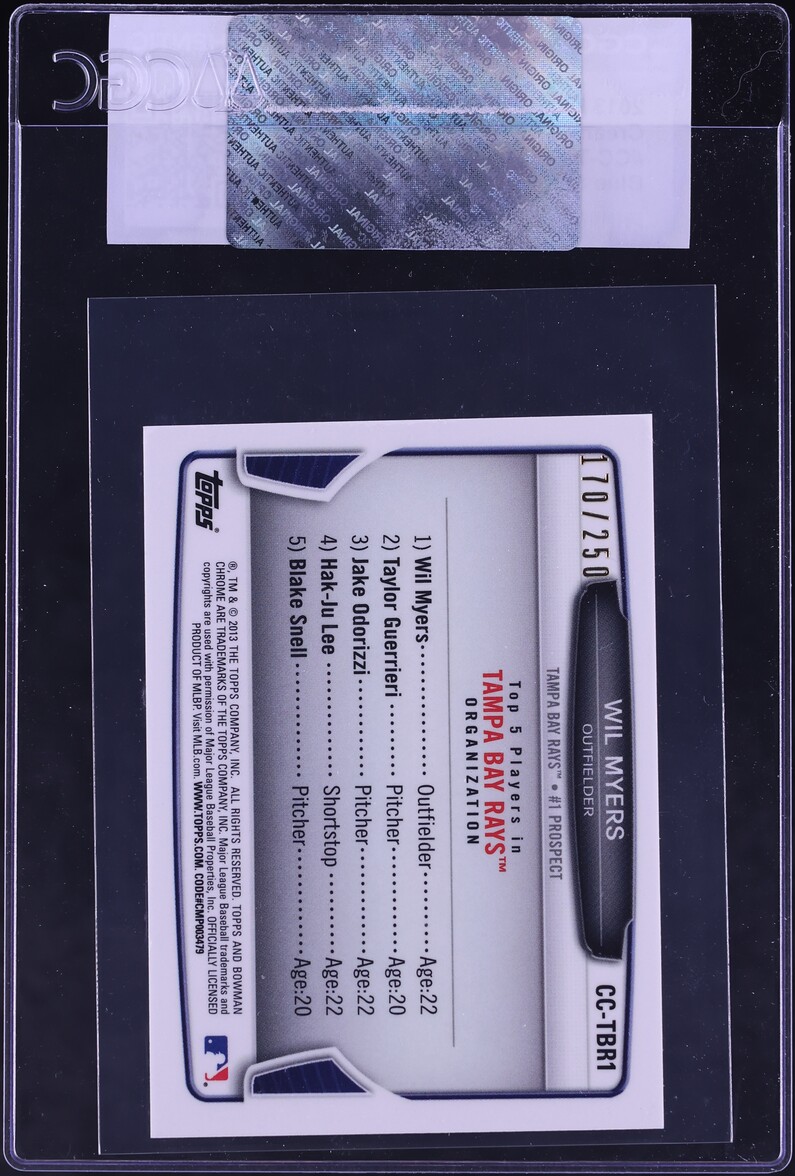 2013 Bowman Chrome Cream Of The Crop Mini Blue Shimmer Refractor Wil Myers RC /250 CGC AUTH