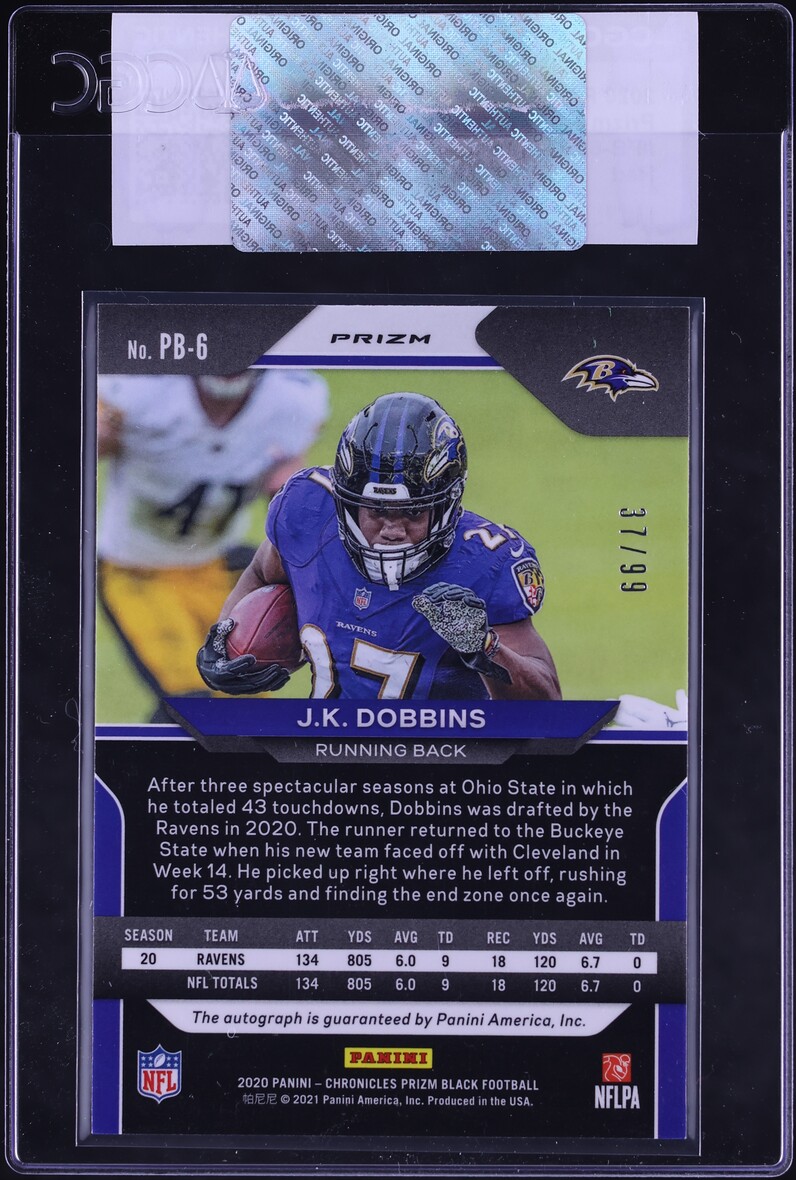 2020 Panini Chronicles Prizm Black Red J.K. Dobbins ROOKIE AUTO /99 #PB-6 CGC AUTH