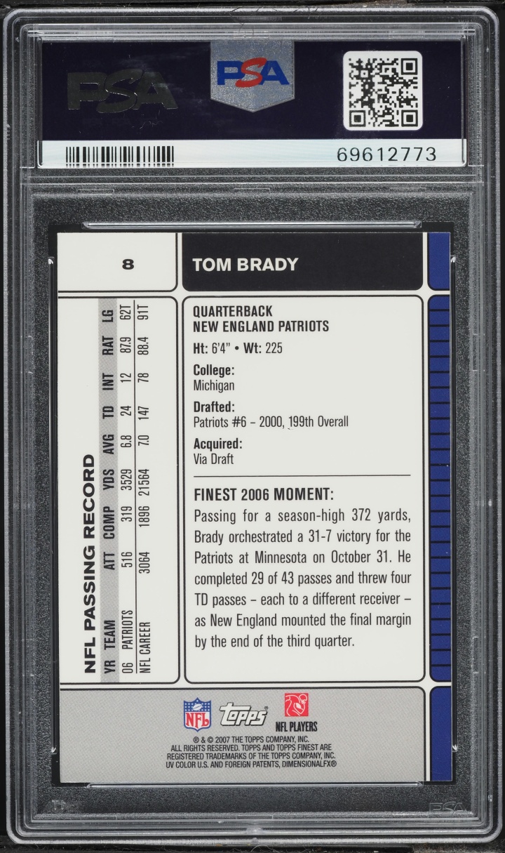 2007 Finest Football Tom Brady #8 PSA 10 GEM MINT