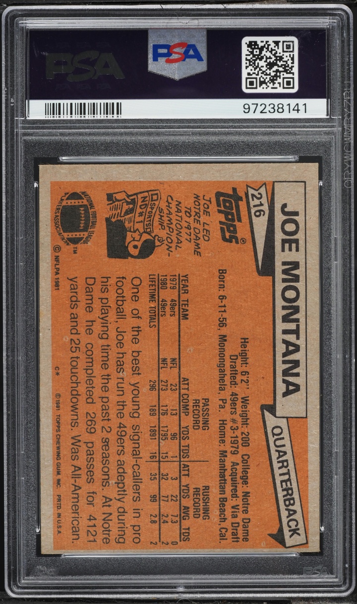 1981 Topps Football Joe Montana ROOKIE #216 PSA 5 EX