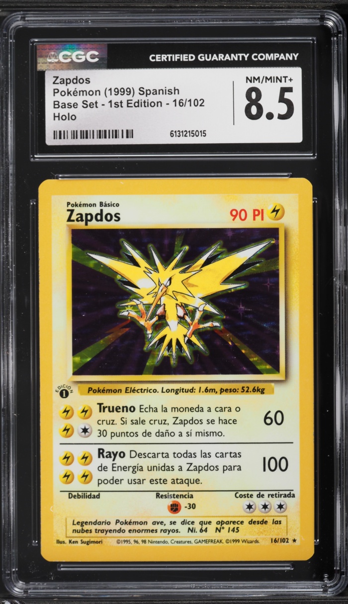 1999 Pokemon Spanish Base Set 1st Edition Holo Zapdos #16 CGC 8.5 NM-MT+
