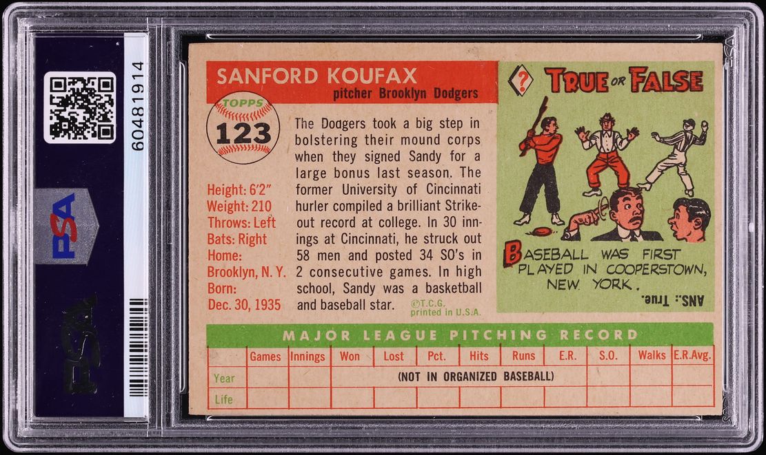 1955 Topps Sandy Koufax ROOKIE #123 PSA 6 EXMT