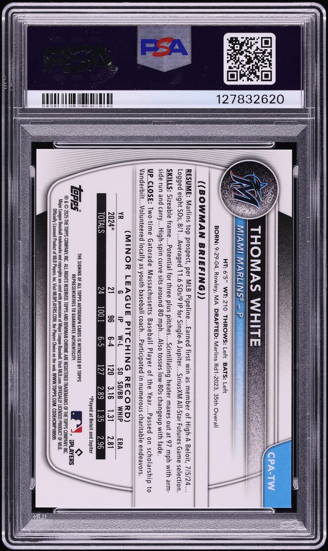 2025 Bowman Chrome Blue Refractor Thomas White PROSPECT AUTO DNA  /150 #CPATW PSA 10 GEM MINT