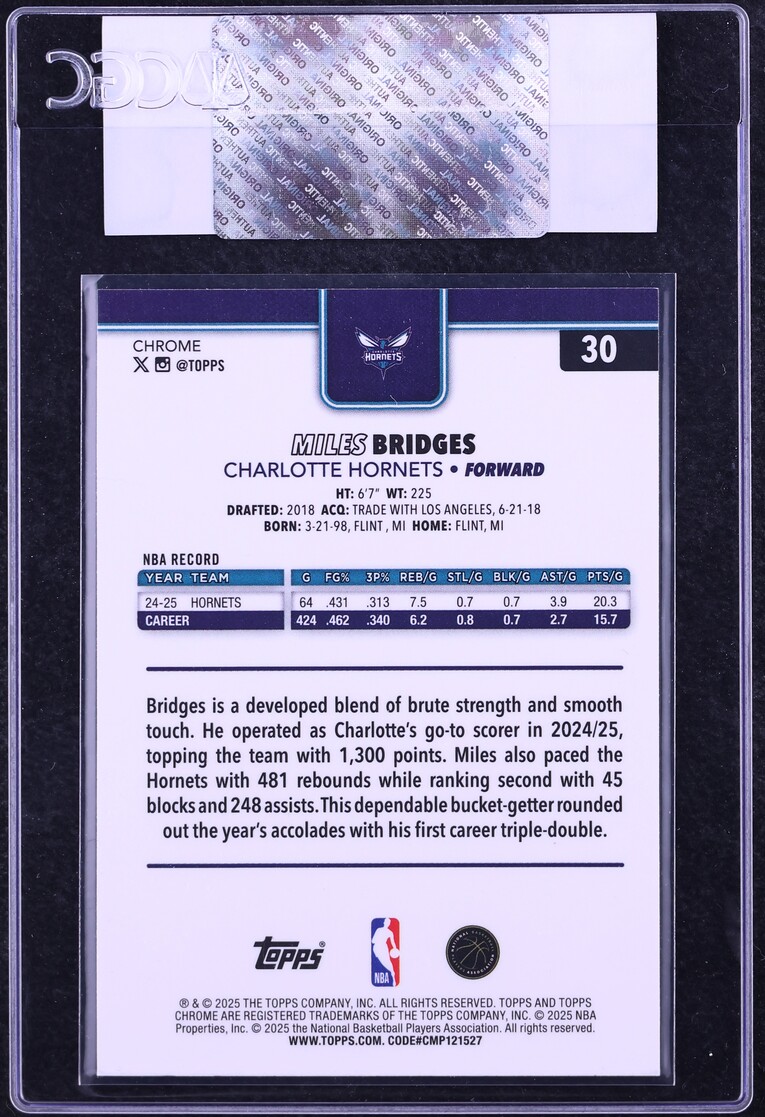 2025 Topps Chrome Blue Wave Refractor Miles Bridges /150 #30 CGC AUTH