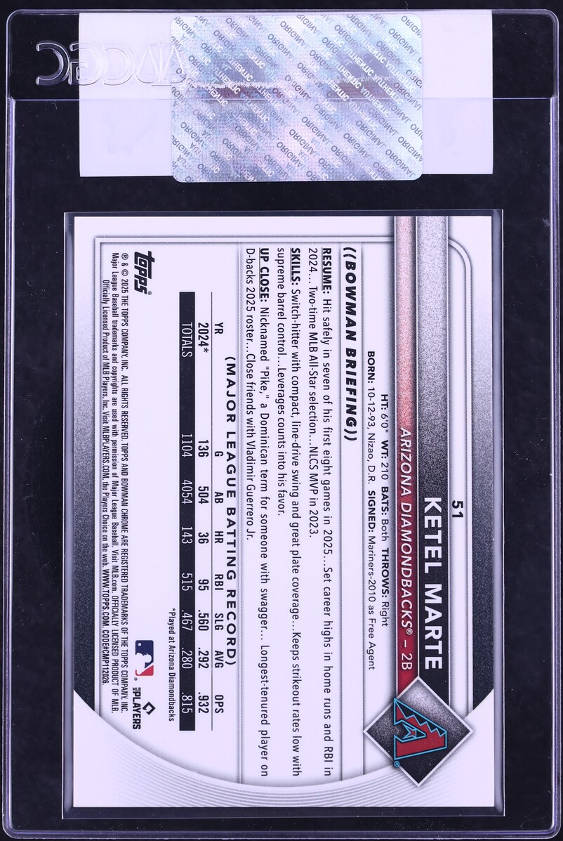 2025 Bowman Chrome Sapphire Black Ketel Marte /10 #51 CGC AUTH